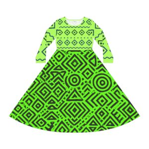 Stylish Women's Long Sleeve Dance Dress - Neon Green Print