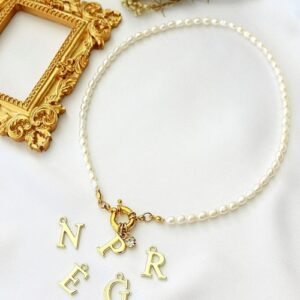 24 Karats Custom Initial  Freshwater Pearls Front Opening Choker
